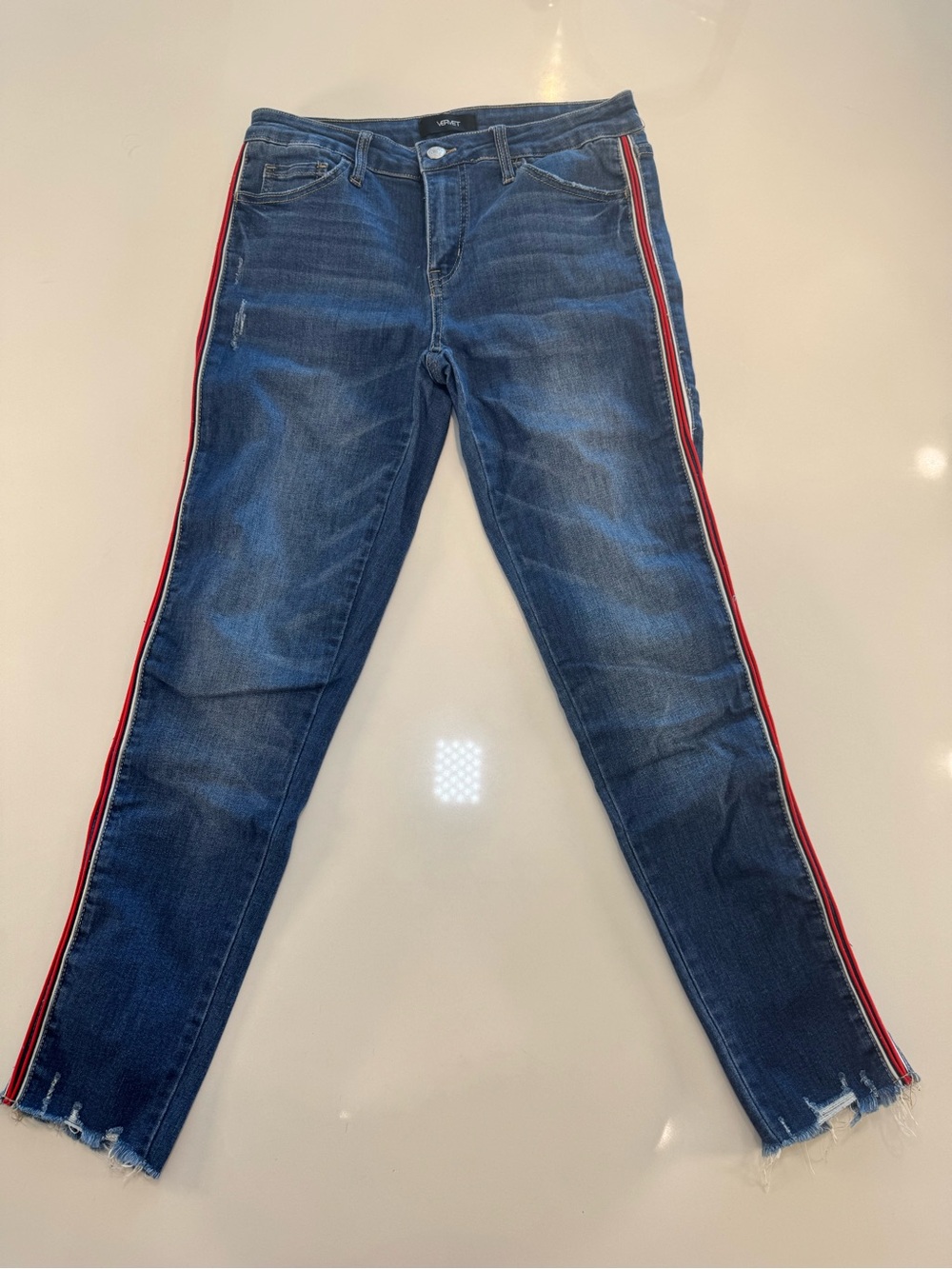 Skinny Blue Denim Jeans with Red Side Stripe